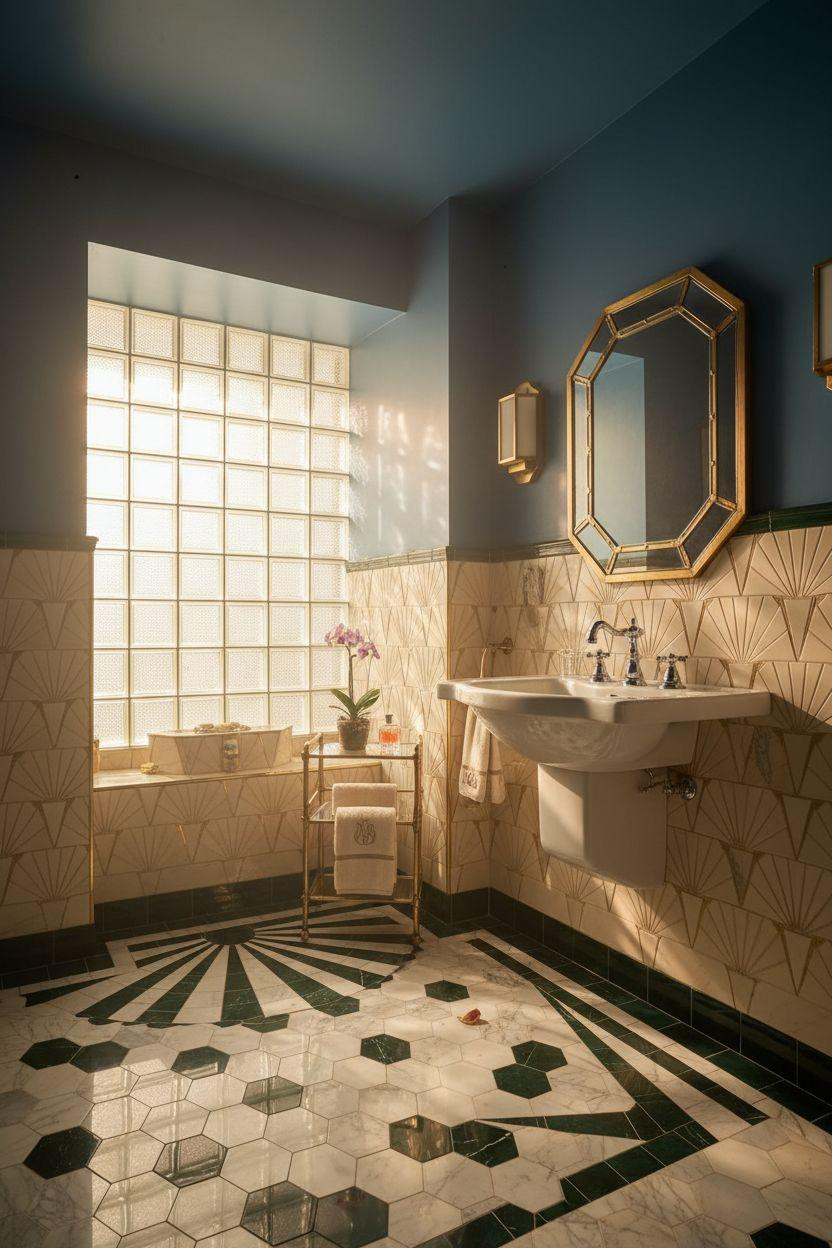 Art Deco bathroom with peacock blue and champagne geometric tile design