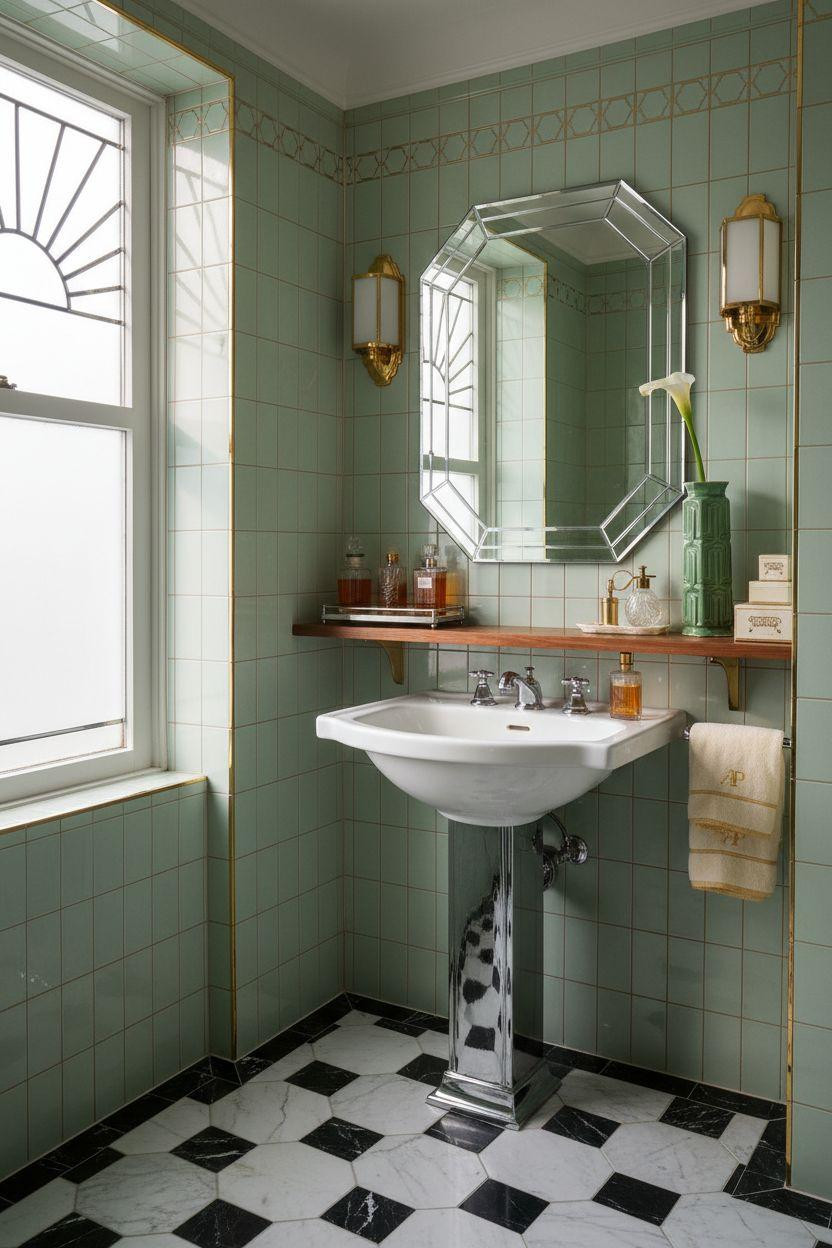 Art Deco bathroom with jade fluted tiles and floating walnut storage