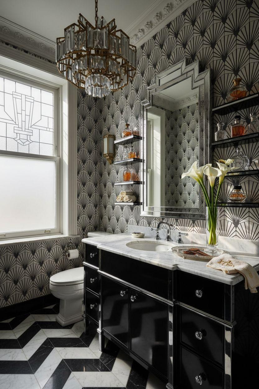 Art Deco bathroom with black and white chevron marble and geometric chandelier