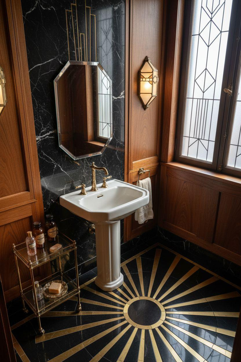 Art Deco bathroom with black and gold geometric floor tiles and brass fixtures