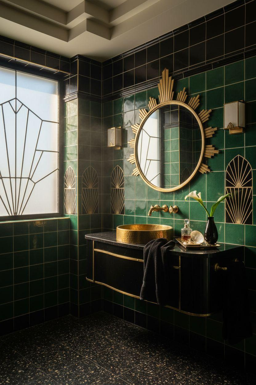 Art Deco bathroom with hammered brass vessel sink and emerald geometric tiles