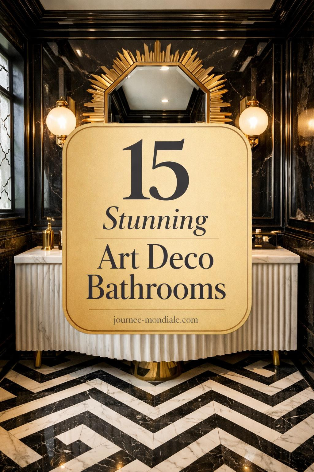 Luxurious Art Deco bathroom with geometric black white chevron marble floor, fluted vanity, brass fixtures, octagonal sunburst mirror, globe sconces