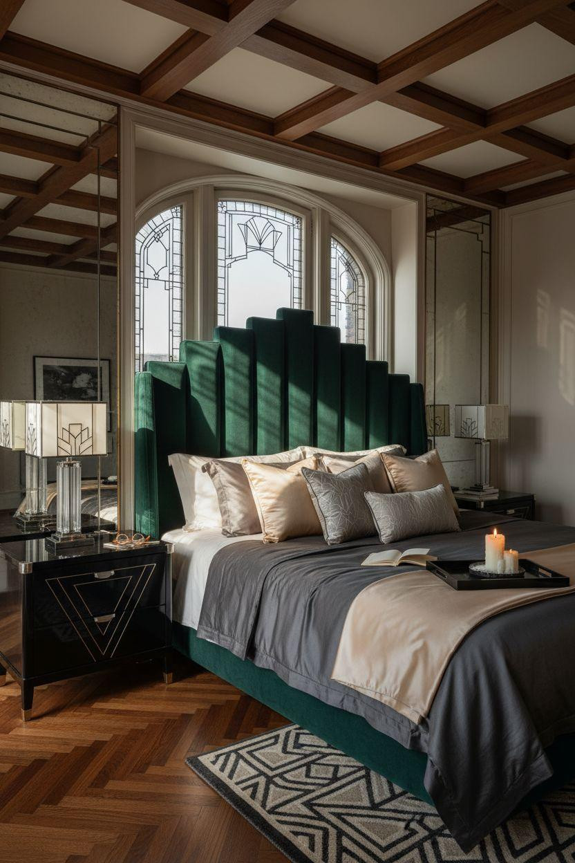 Art Deco bathroom bedroom with emerald velvet headboard and brass inlays