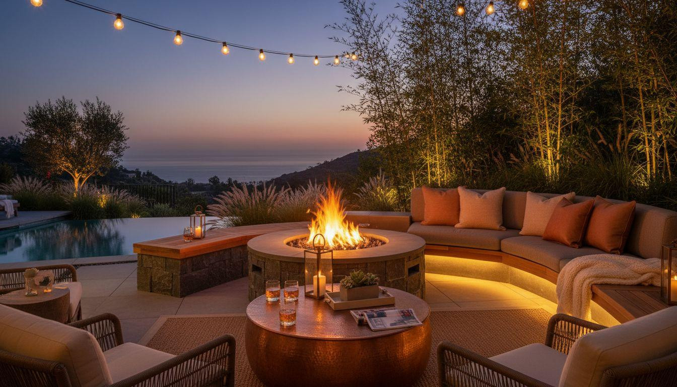 Backyard Fire Pit Ideas Lounge Areas - dramatic backlit landscaping scene