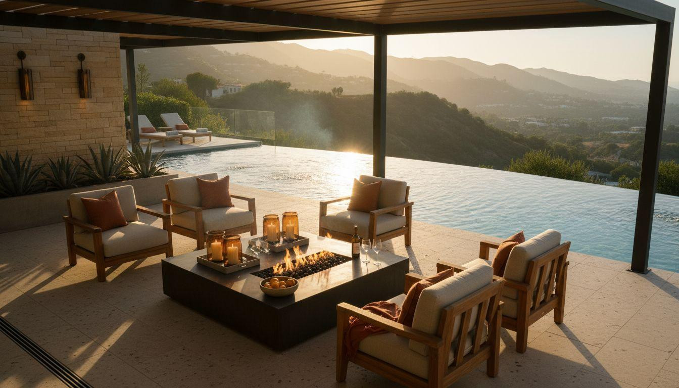 Backyard Fire Pit Ideas Lounge Areas - elevated pool and fire combination