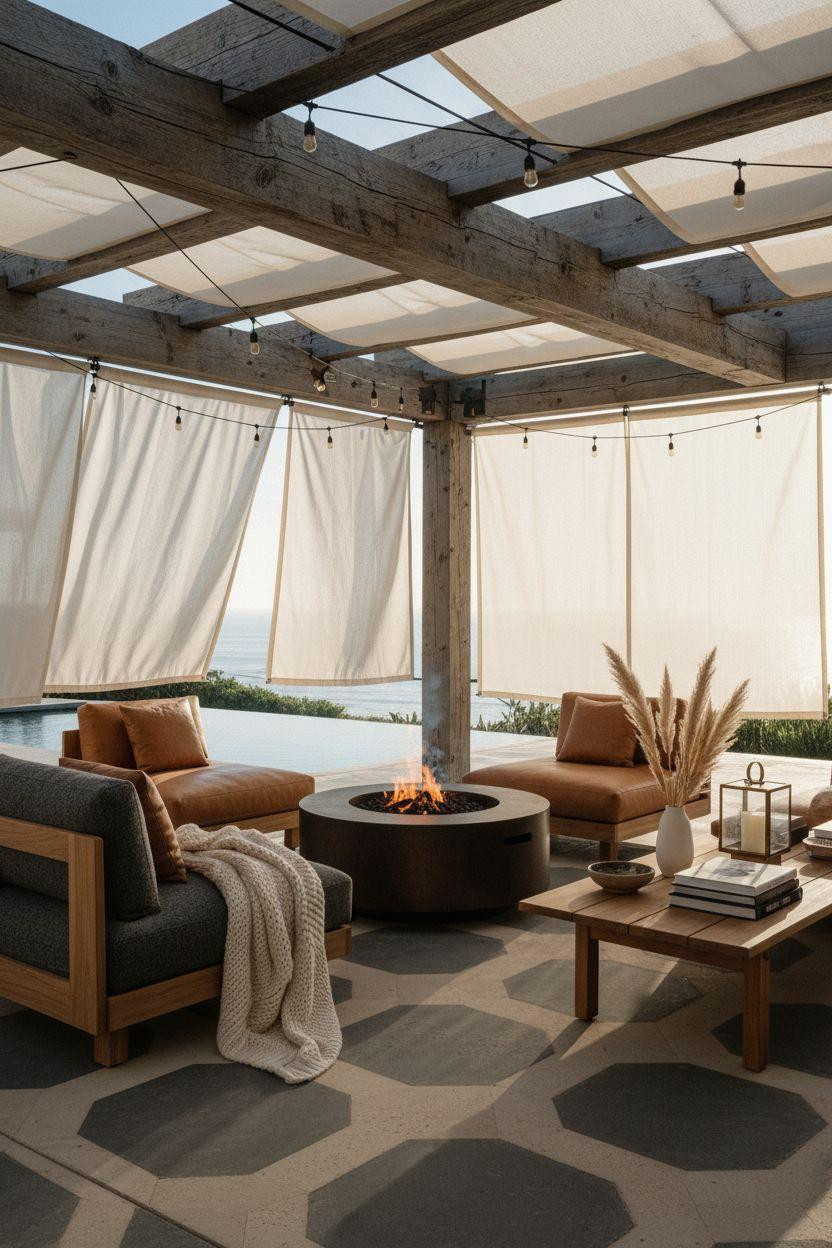 Backyard Fire Pit Ideas Lounge Areas - patterned deck with retractable coverage