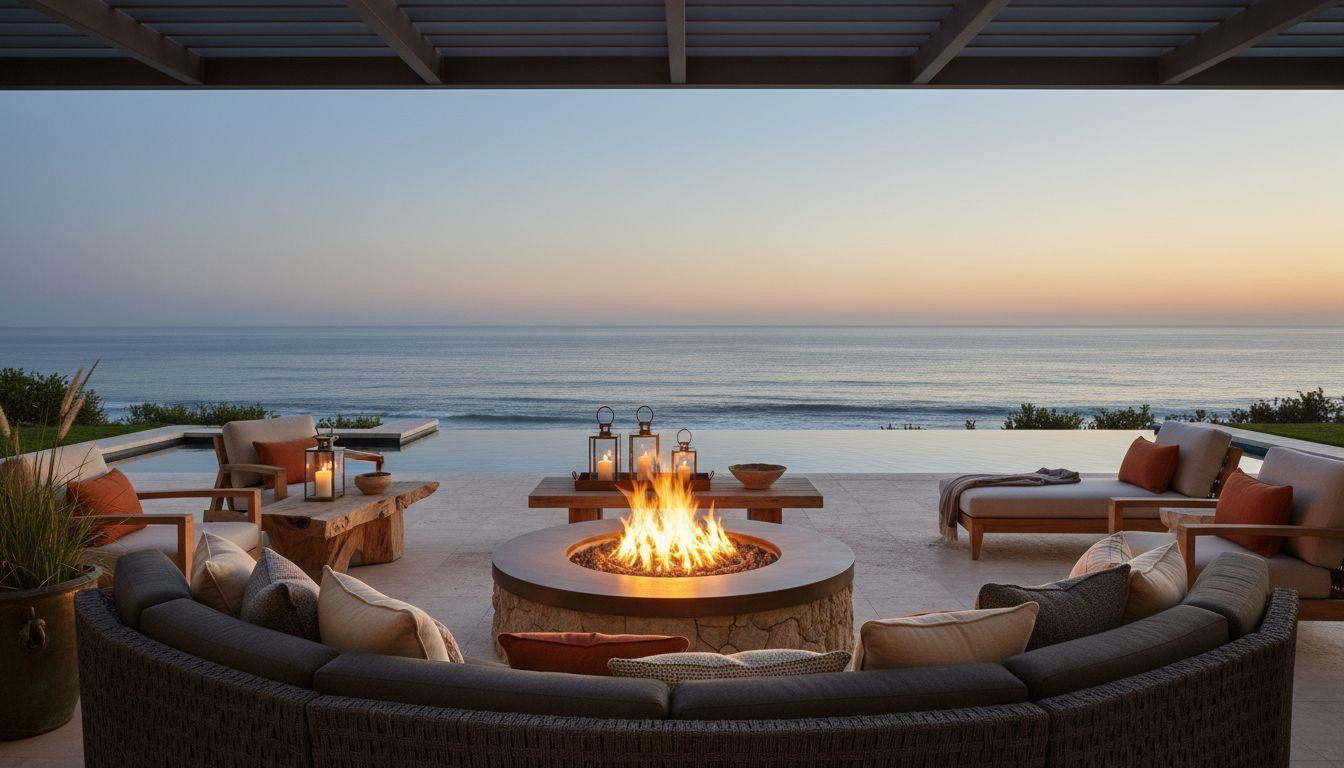 Backyard Fire Pit Ideas Lounge Areas - angular pergola with sectional arrangement