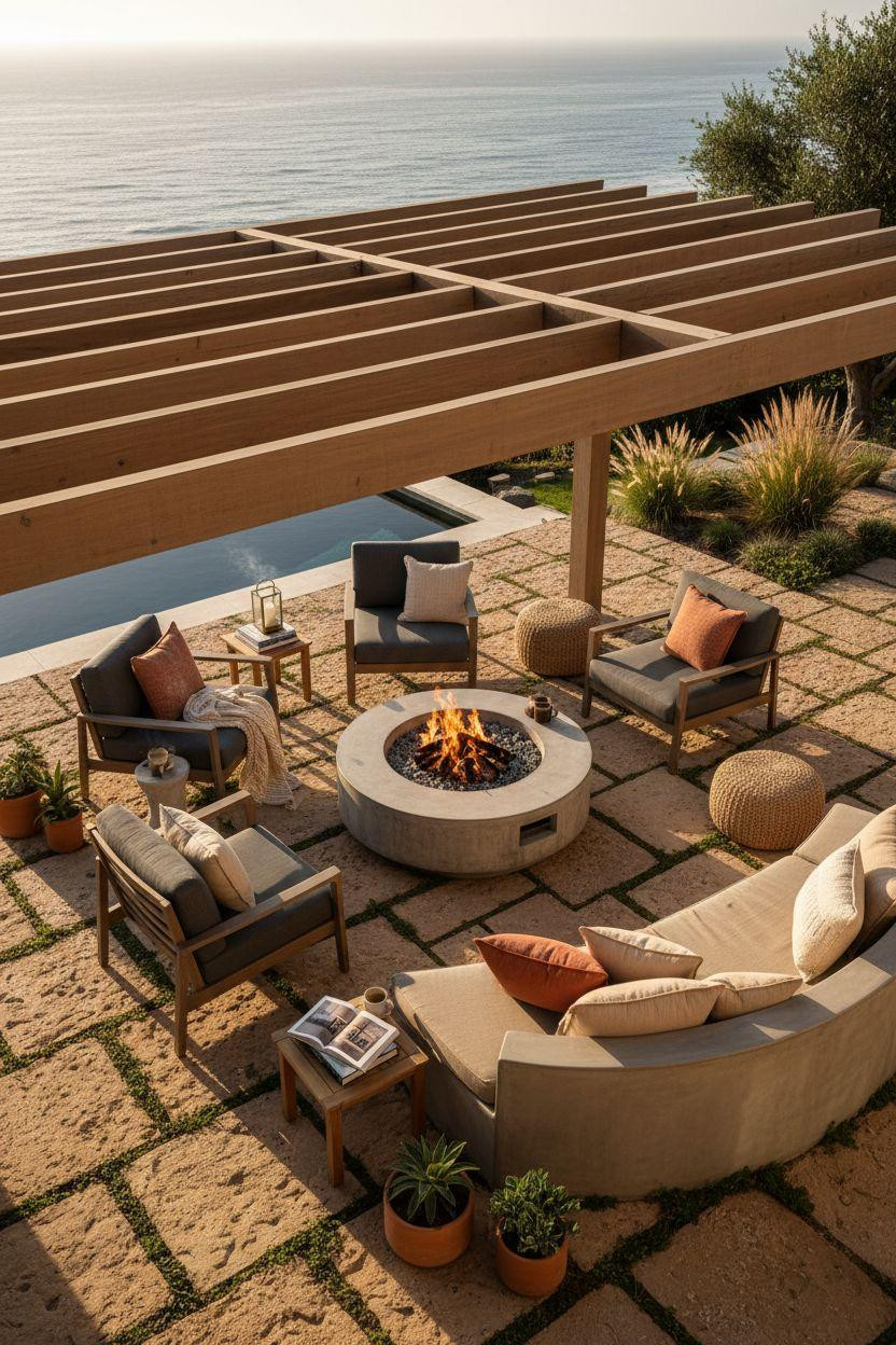 Backyard Fire Pit Ideas Lounge Areas - overhead view with pergola patterns
