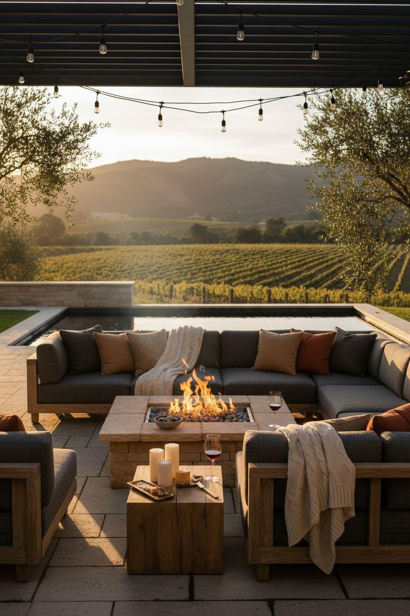 Backyard Fire Pit Ideas Lounge Areas - textured layered vineyard setting