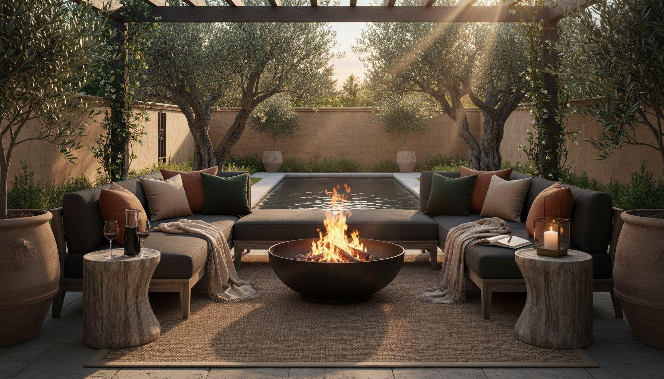 Backyard Fire Pit Ideas Lounge Areas - jasmine covered pergola with fire feature
