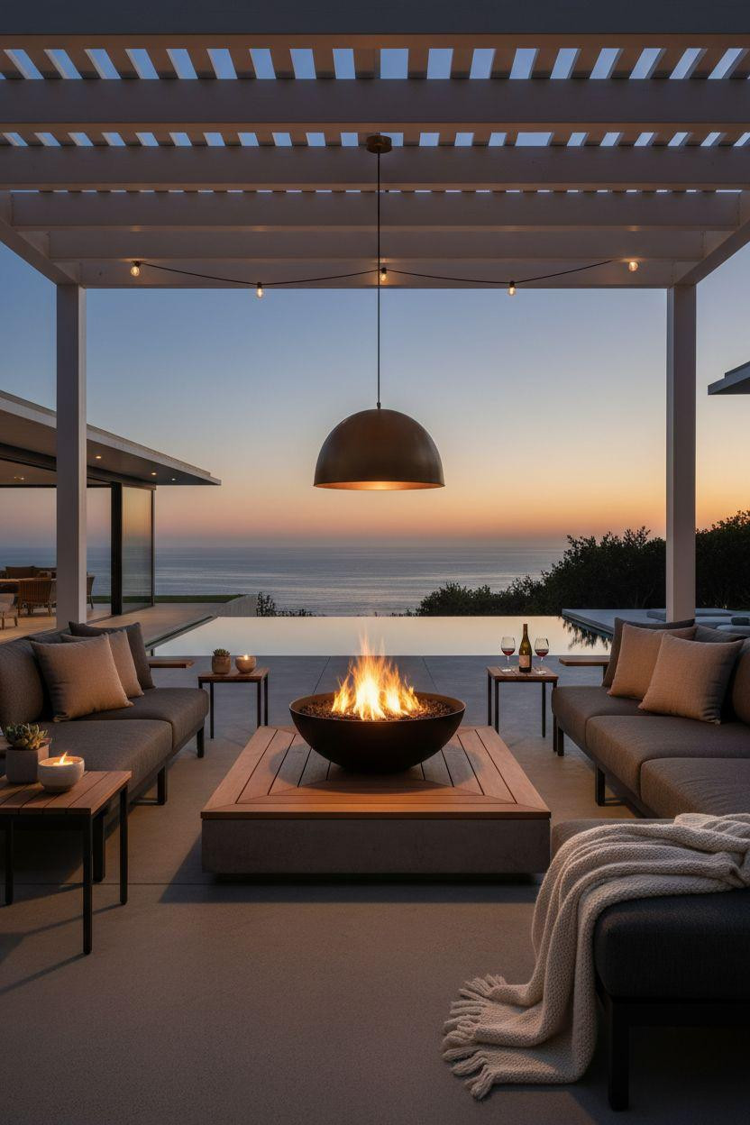 Backyard Fire Pit Ideas Lounge Areas - clean pergola with statement lighting