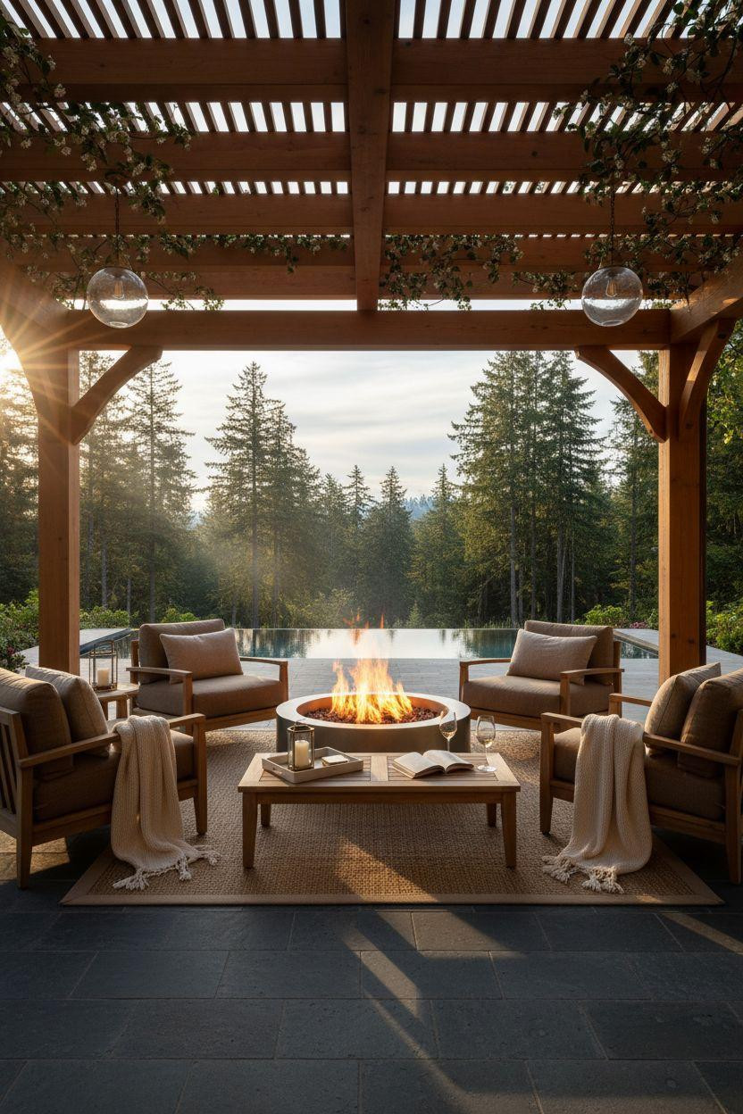 Backyard Fire Pit Ideas Lounge Areas - covered timber structure with fire feature