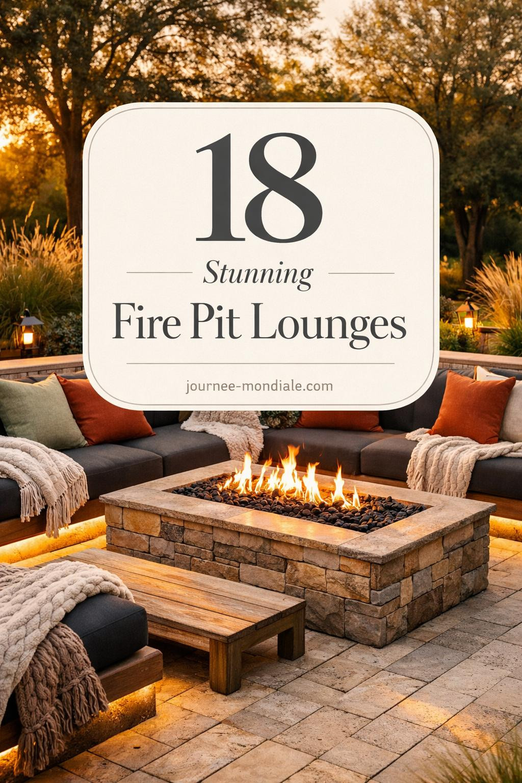 Outdoor fire pit lounge area with stone rectangular feature, built-in charcoal cushioned seating, travertine pavers, teak table, cream throws, terracotta pillows, mature landscaping
