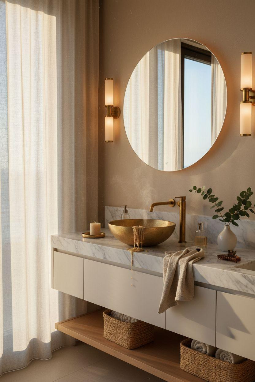 Bathroom Mirror - luxurious coastal bathroom mirror with sculptural vessel sink