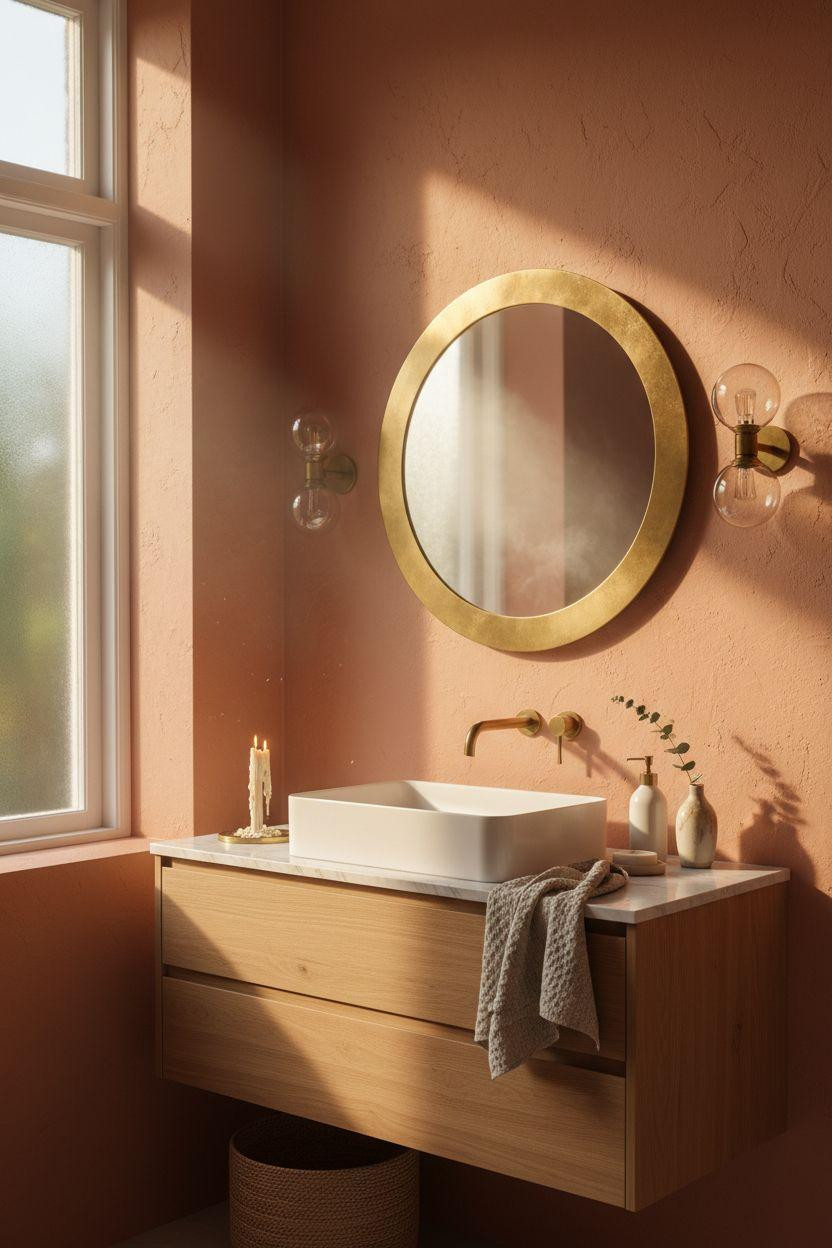 Bathroom Mirror - bold modern bathroom mirror with terracotta accent wall