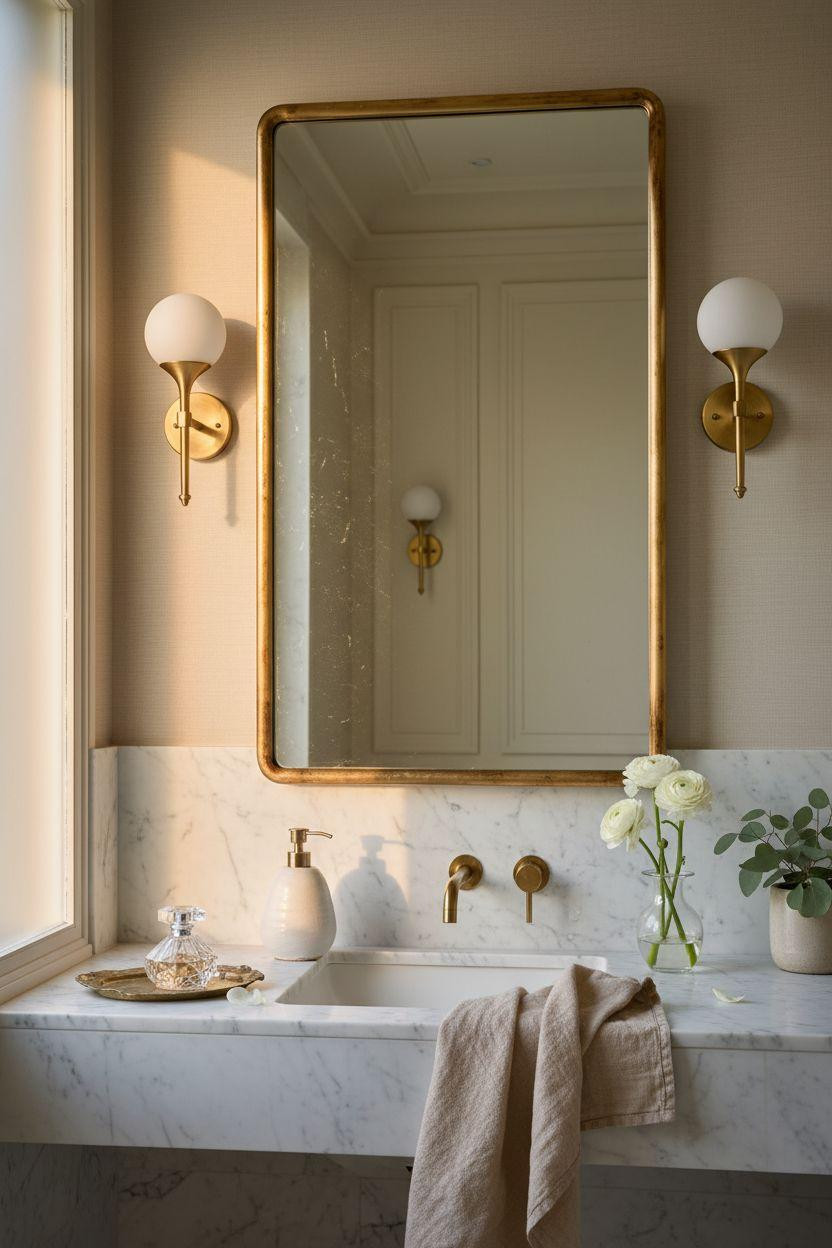 Bathroom Mirror - luxurious bathroom mirror vignette in Parisian powder room