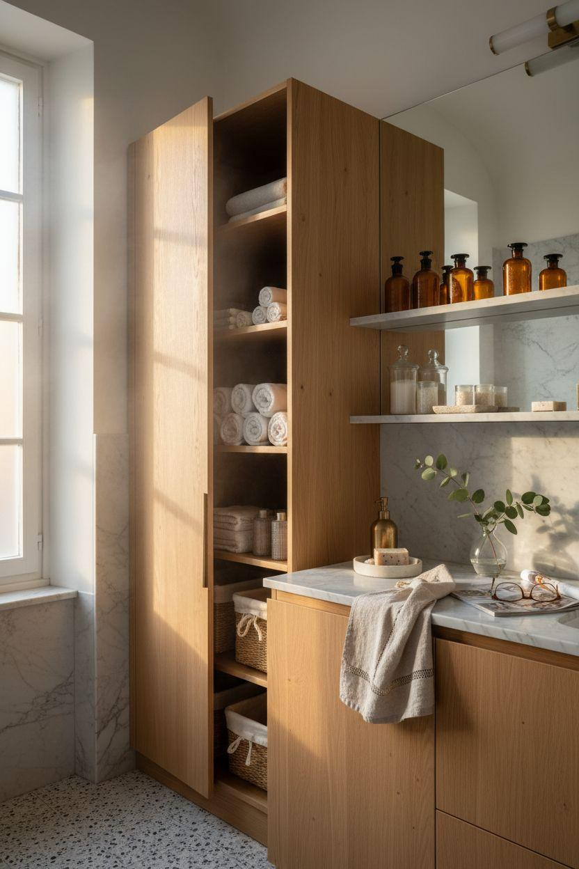 Bathroom Storage - floor to ceiling cabinet with organized shelving