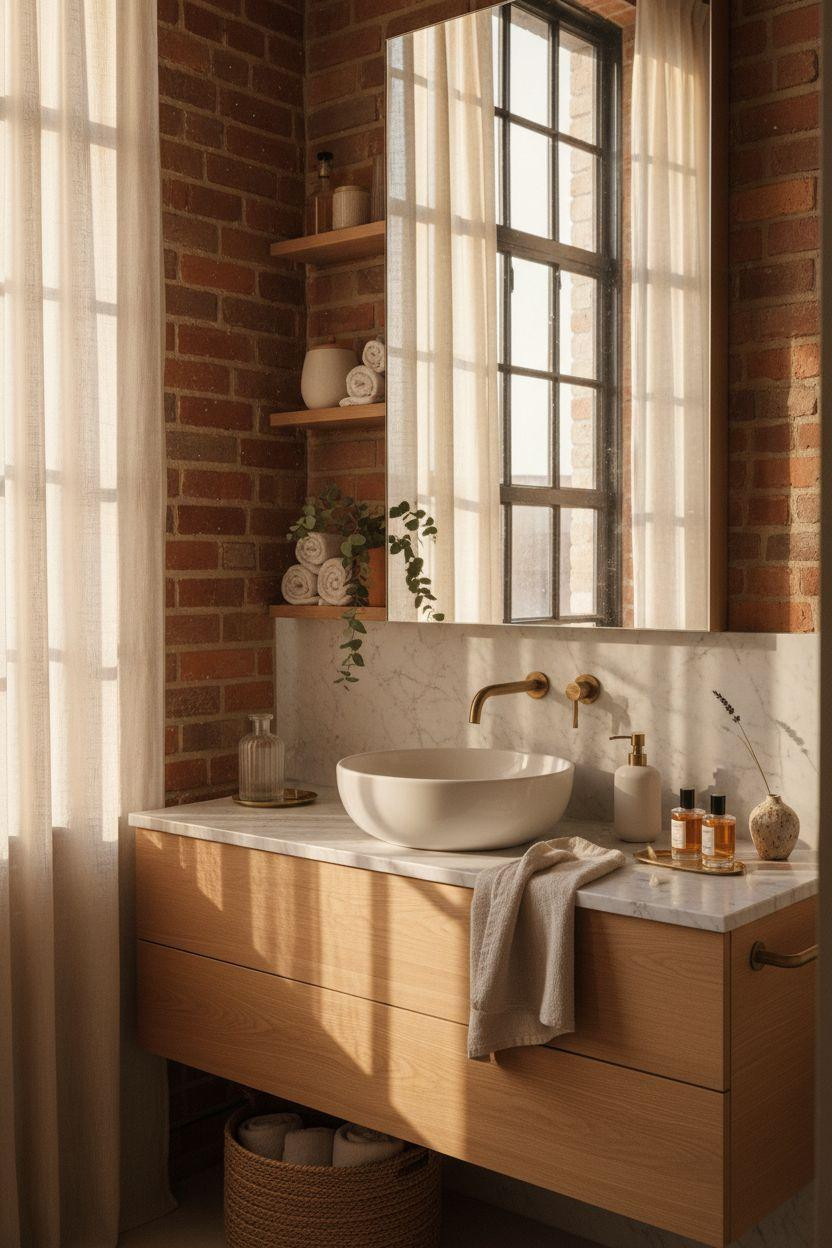 Bathroom Storage - floating vanity with open shelving display