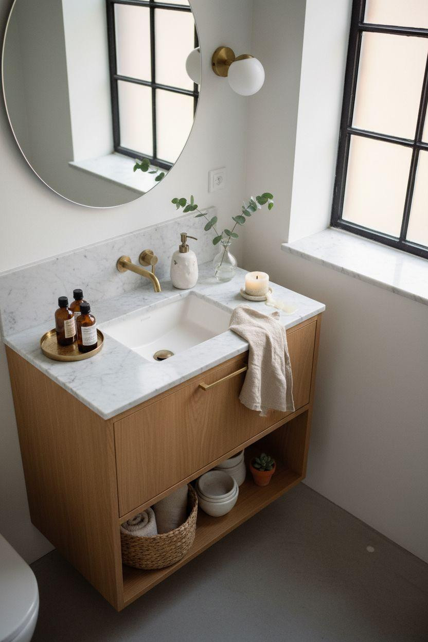 Bathroom Storage - compact vanity with open shelving