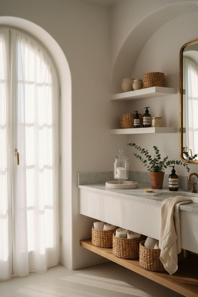 Bathroom Storage - white vanity with woven rattan storage baskets