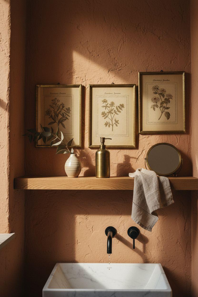 bathroom wall decor on terracotta walls with vintage botanical prints
