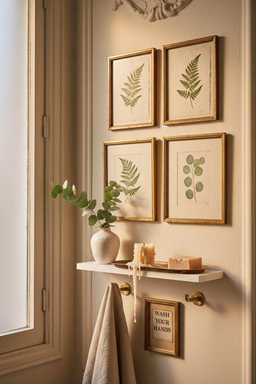 bathroom wall decor with botanical prints and fresh eucalyptus