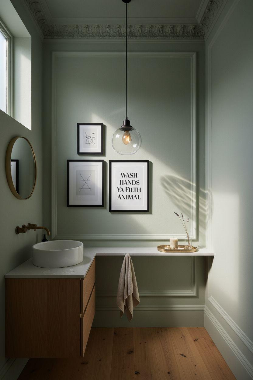 bathroom wall decor in moody sage green with black lighting