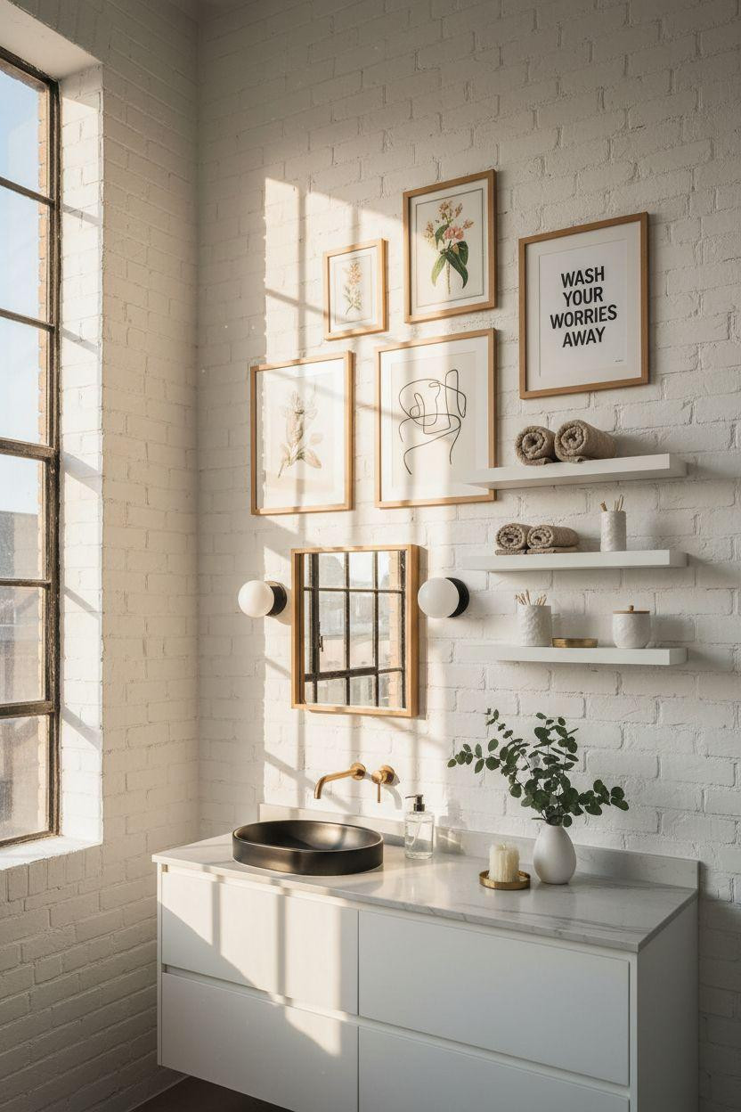 bathroom wall decor with modern gallery wall on painted brick