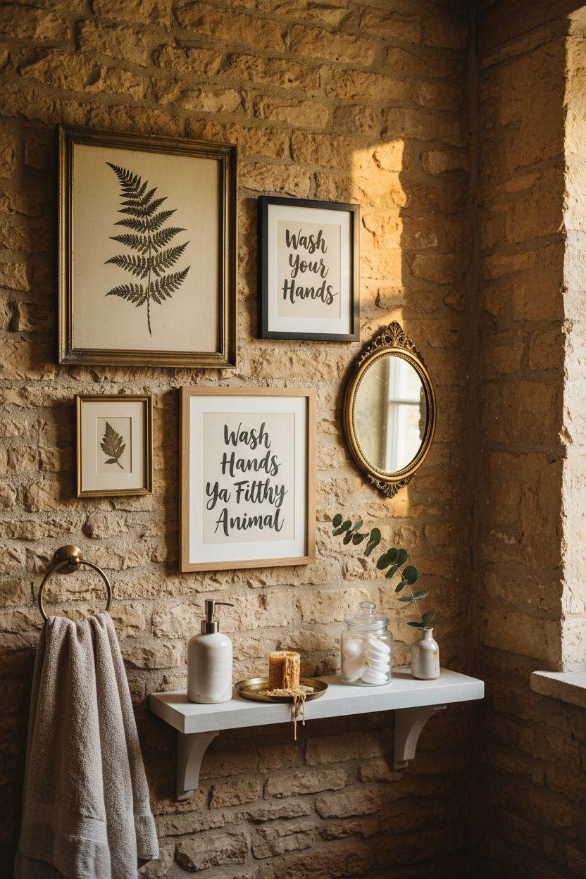bathroom wall decor on stone cottage walls with vintage botanical prints