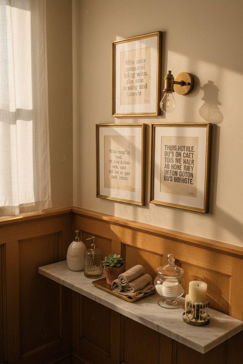 bathroom wall decor featuring funny art prints with oak shelving