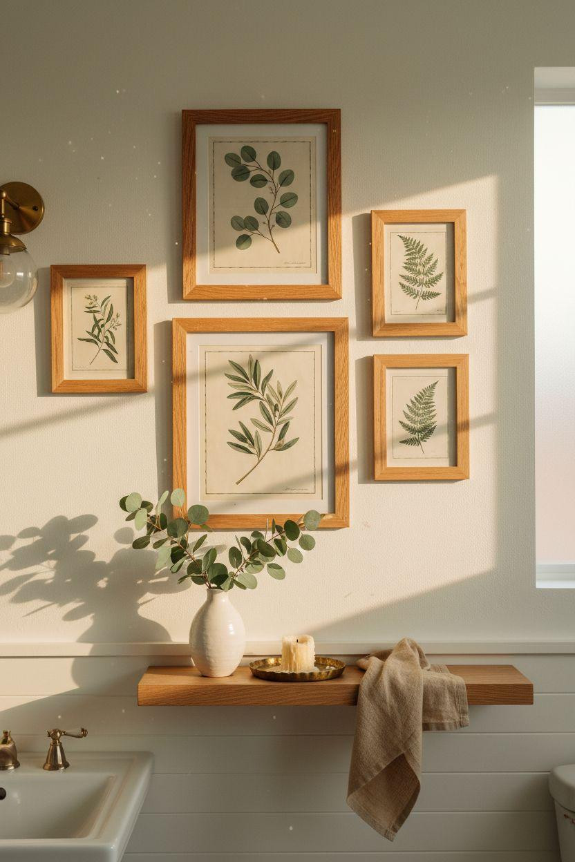 bathroom wall decor featuring botanical prints in oak frames