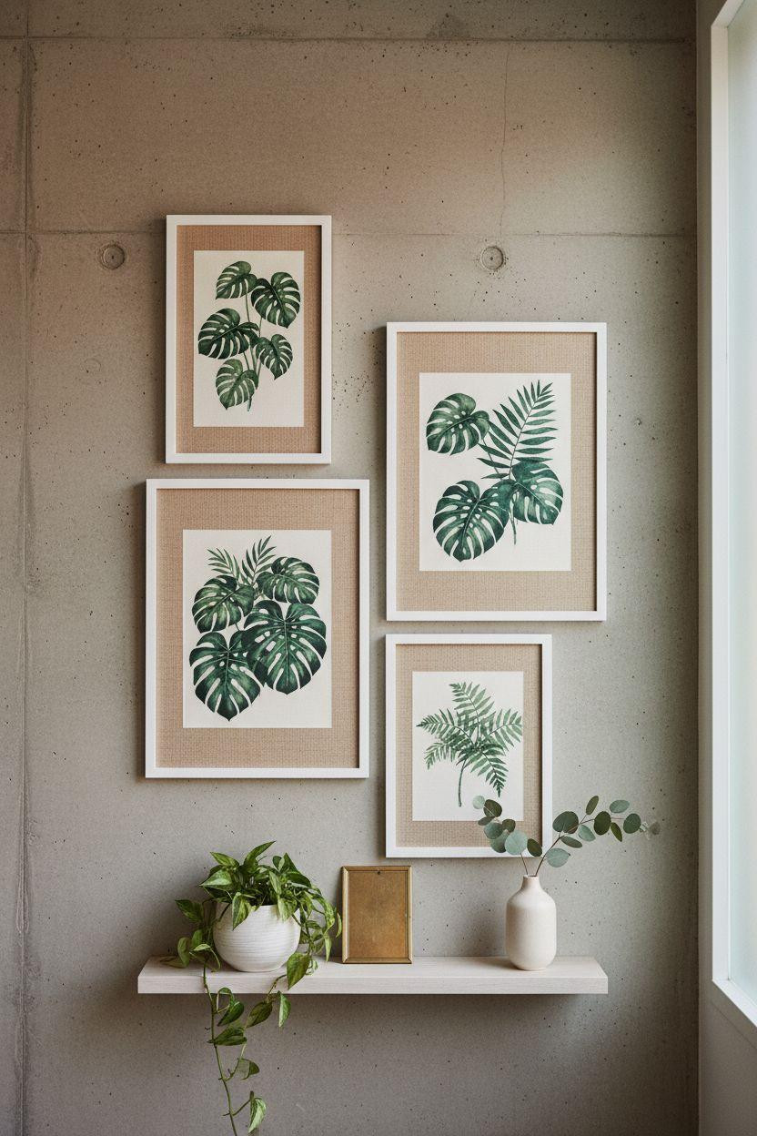 bathroom wall decor featuring botanical prints on concrete walls
