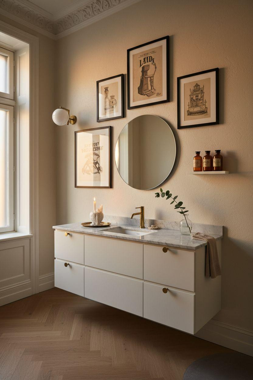 bathroom wall decor with witty typography prints and brass accents