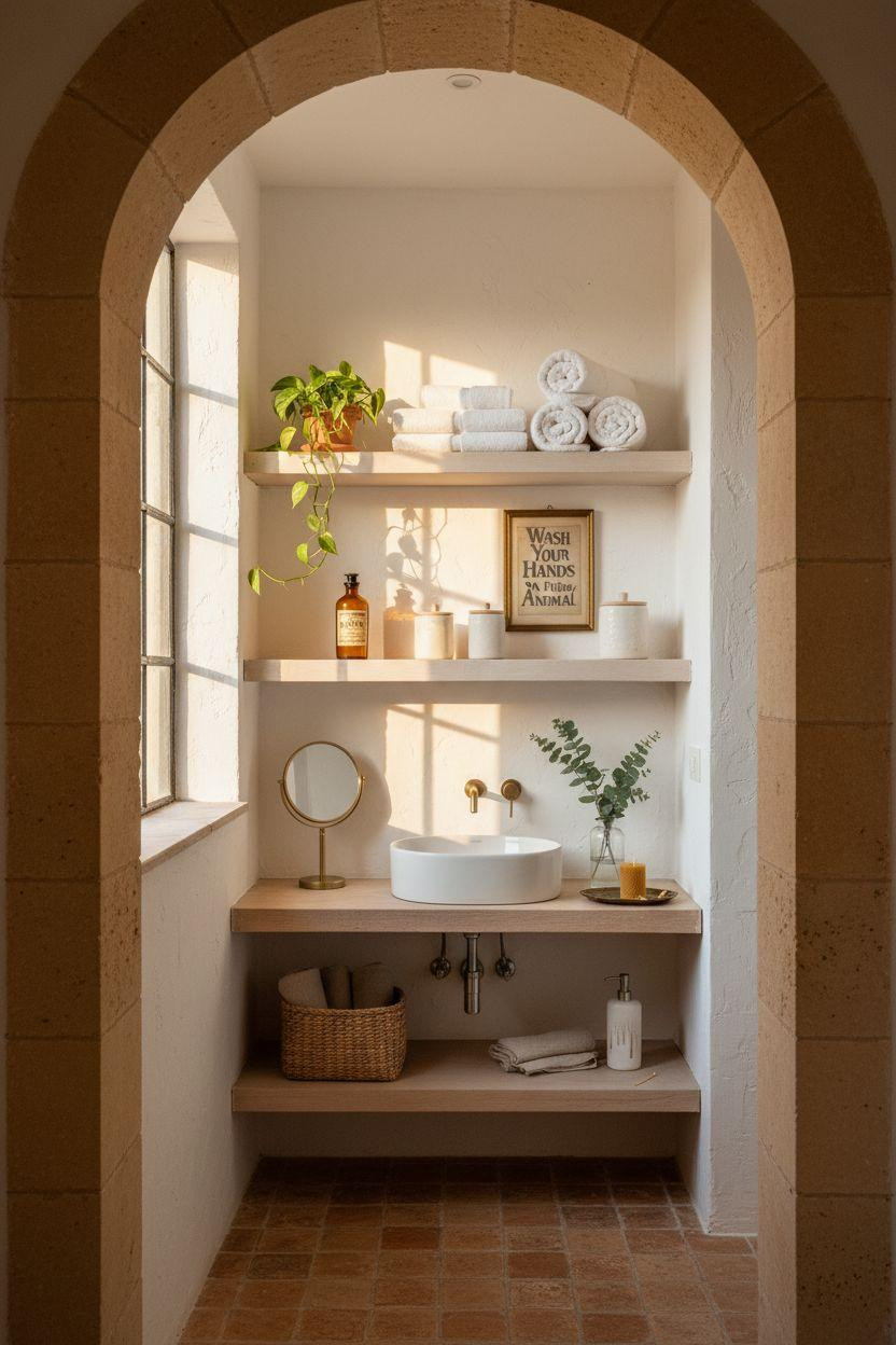bathroom wall decor in Mediterranean villa with open shelving