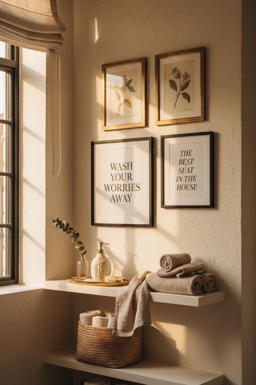 bathroom wall decor with curated gallery arrangement and oak shelf