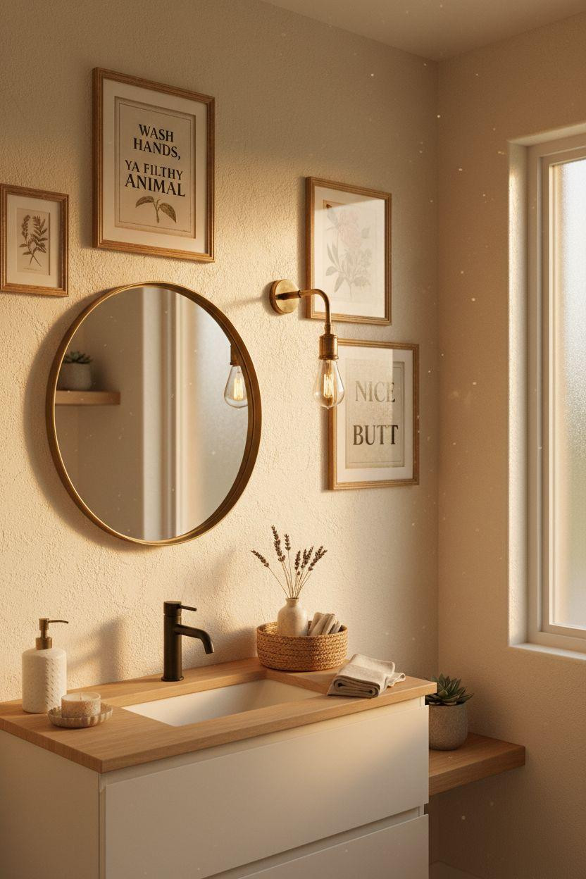 bathroom wall decor in Mediterranean style with brass lighting