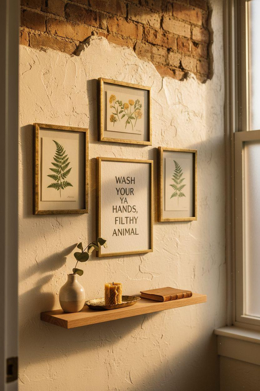 bathroom wall decor with botanical prints on textured plaster