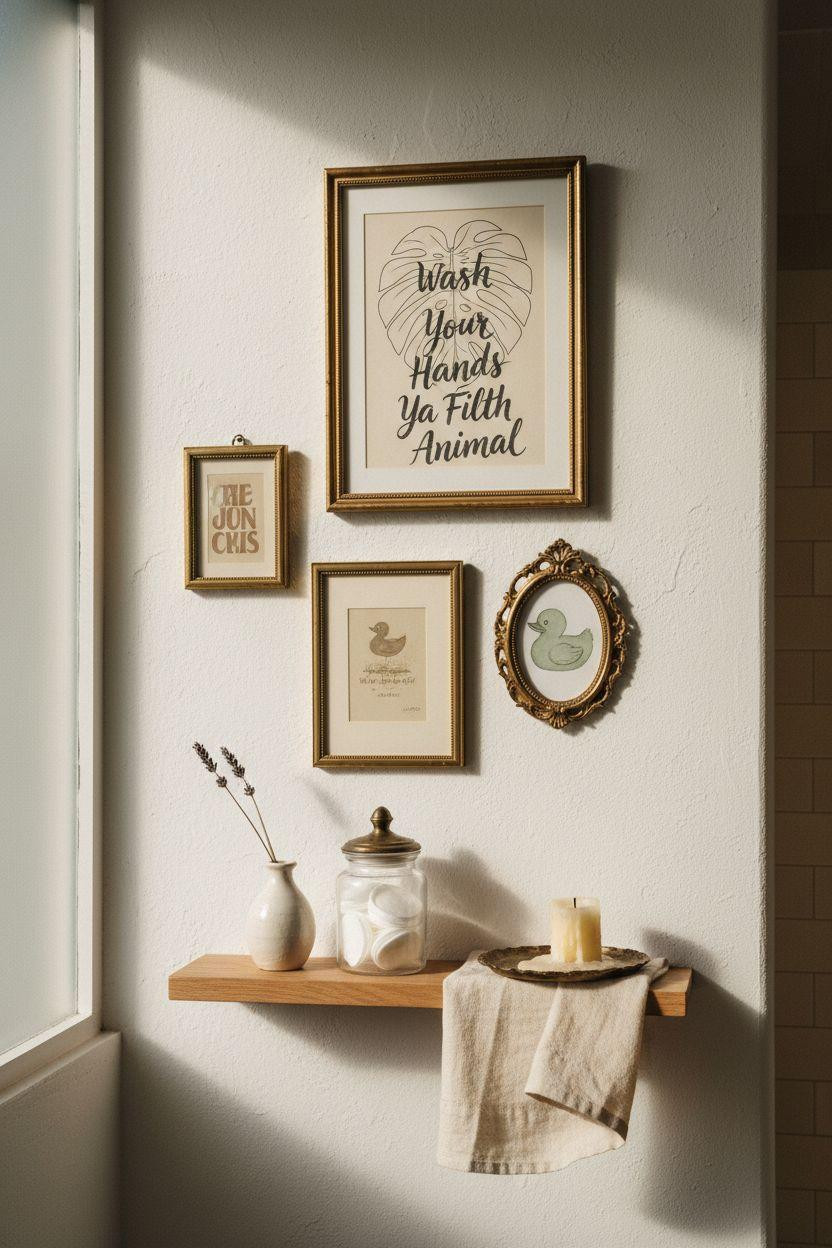 bathroom wall decor with vintage brass frames and whimsical prints