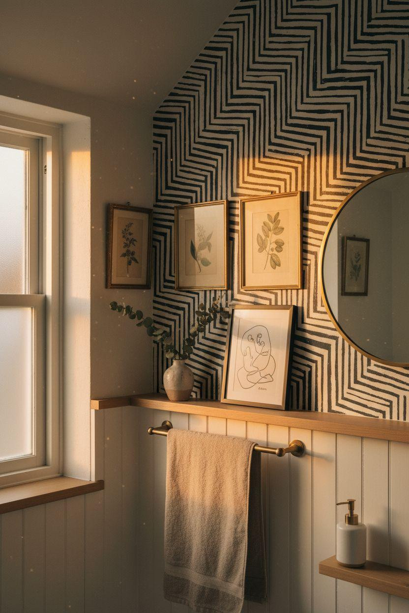 bathroom wall decor with geometric wallpaper and oak accents