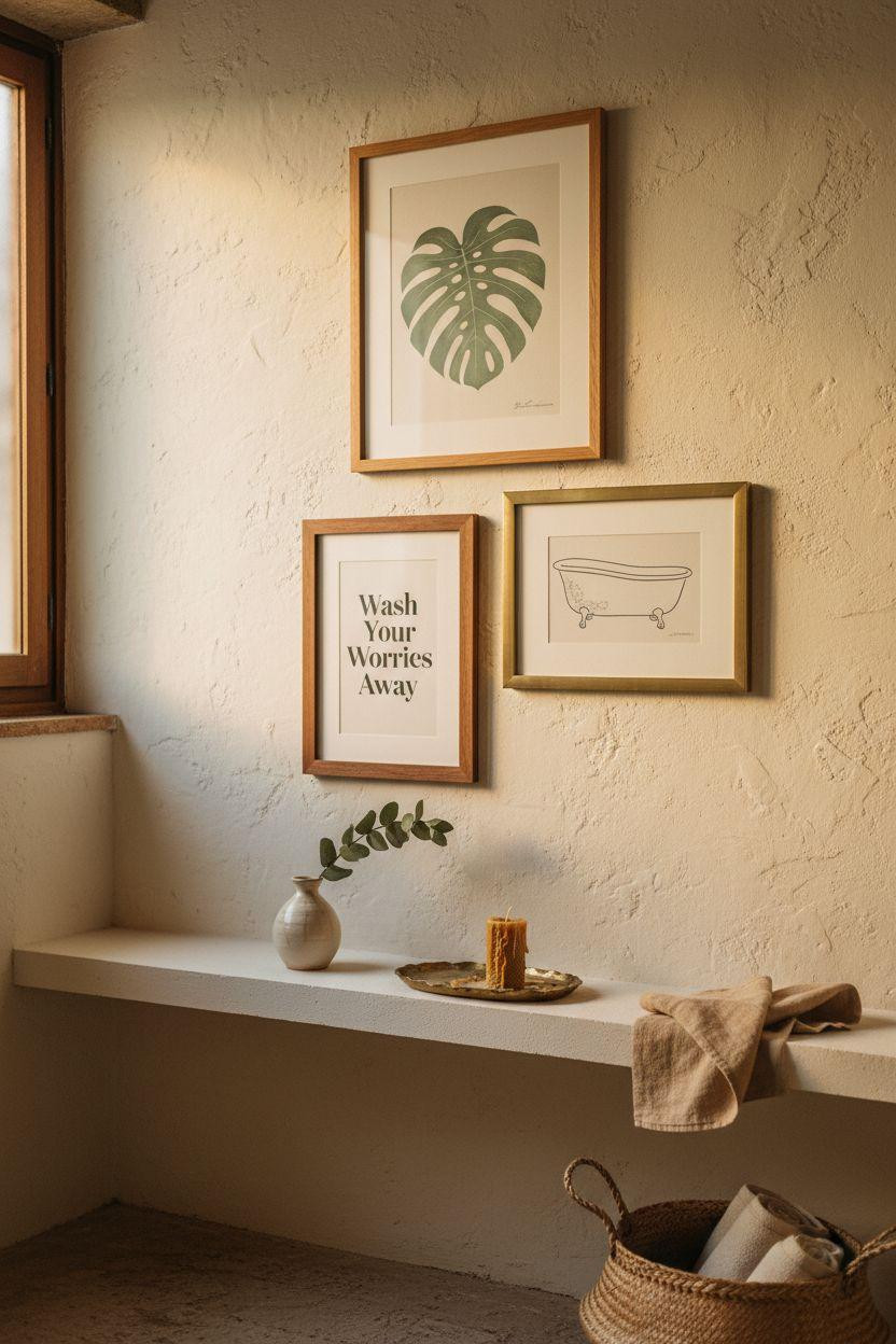 bathroom wall decor on aged plaster with mixed wood frames