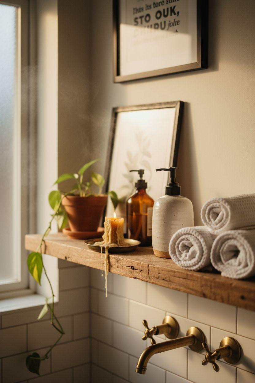 bathroom wall decor with reclaimed oak shelf and vintage styling