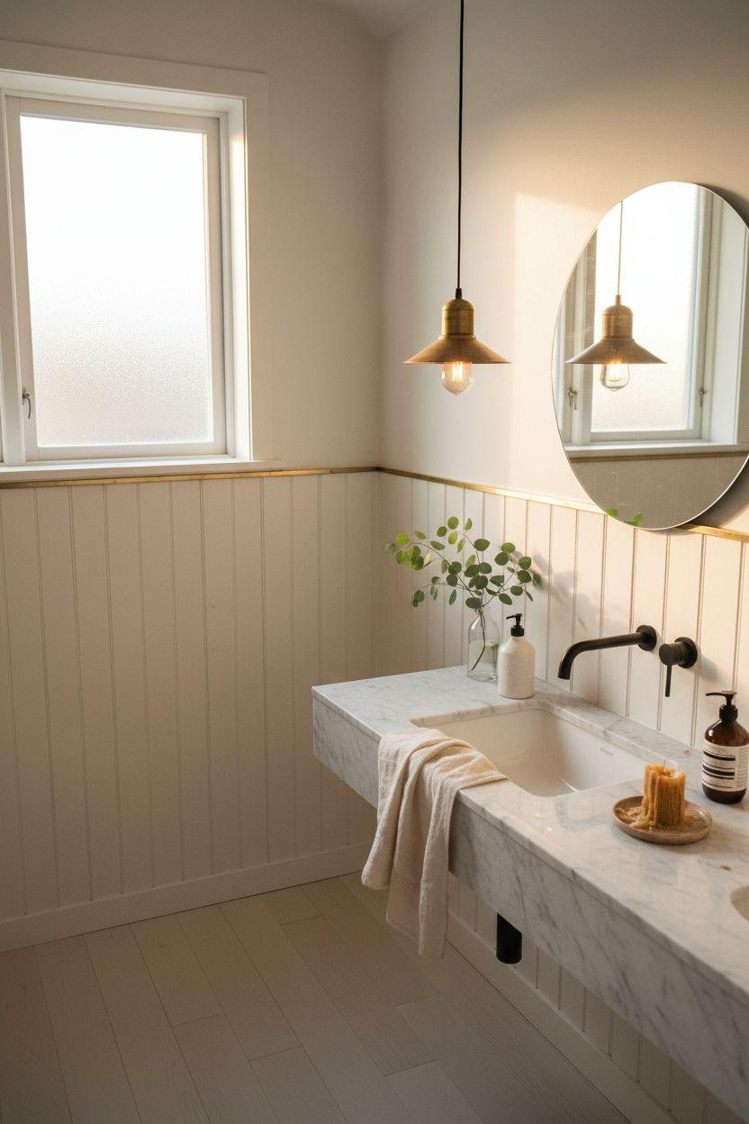 Bead Board Walls - minimalist bathroom with warm white paneling