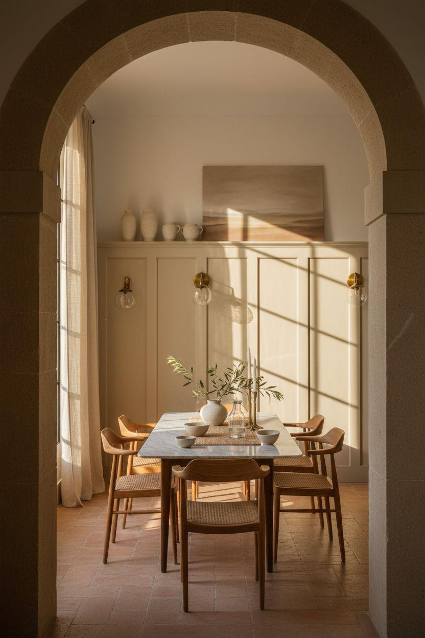 Bead Board Walls - elegant dining room with warm ivory paneling