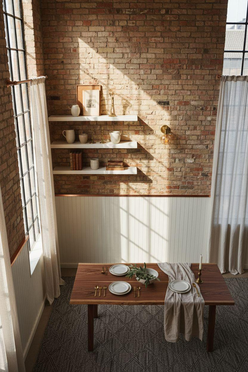 Bead Board Walls - eclectic dining space with mixed materials