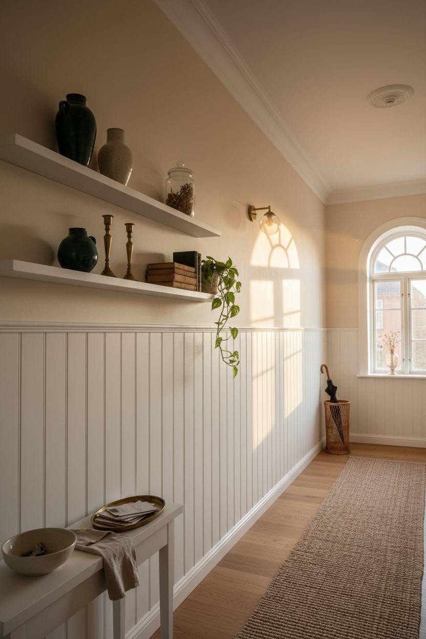 Bead Board Walls - elegant corridor with curated styling