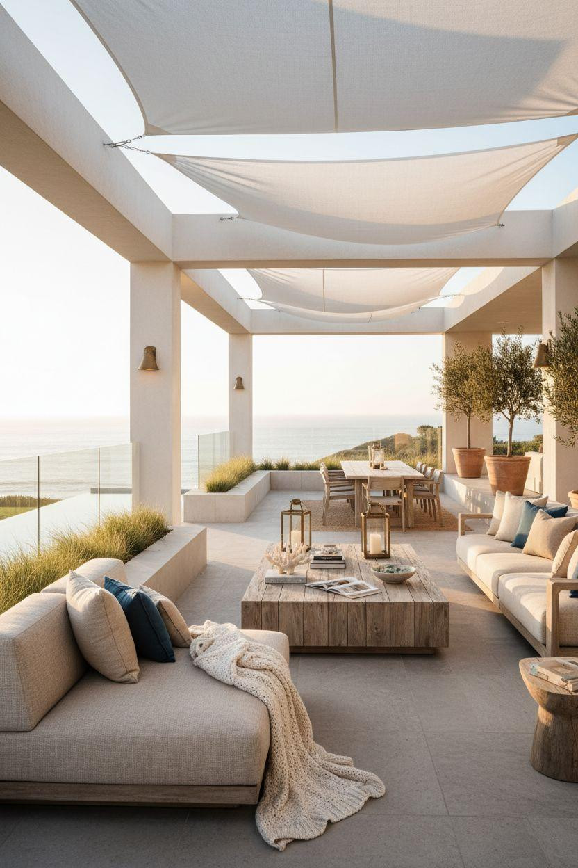 Bloxburg Summer House Ideas - patio with pool and shade sails