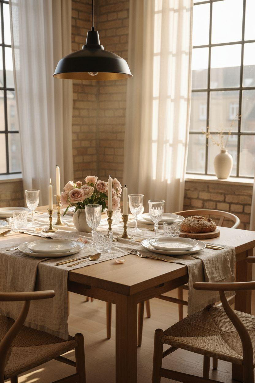 Bloxburg Dining Room - Scandinavian dining table with linen runner and wishbone chairs