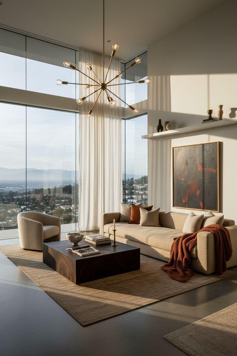 Bloxburg Dining Room - modern living room with sculptural brass chandelier