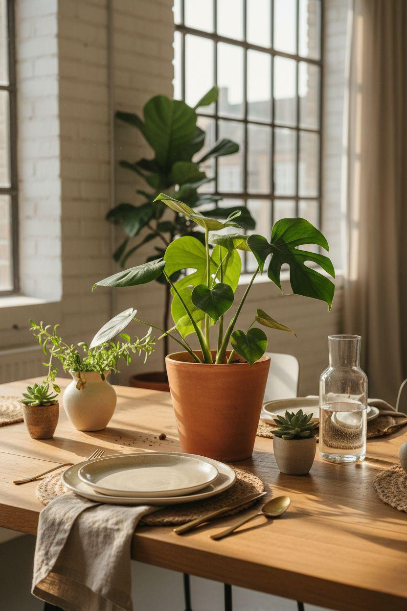 Bloxburg Dining Room - oak dining table with terracotta planter and monstera