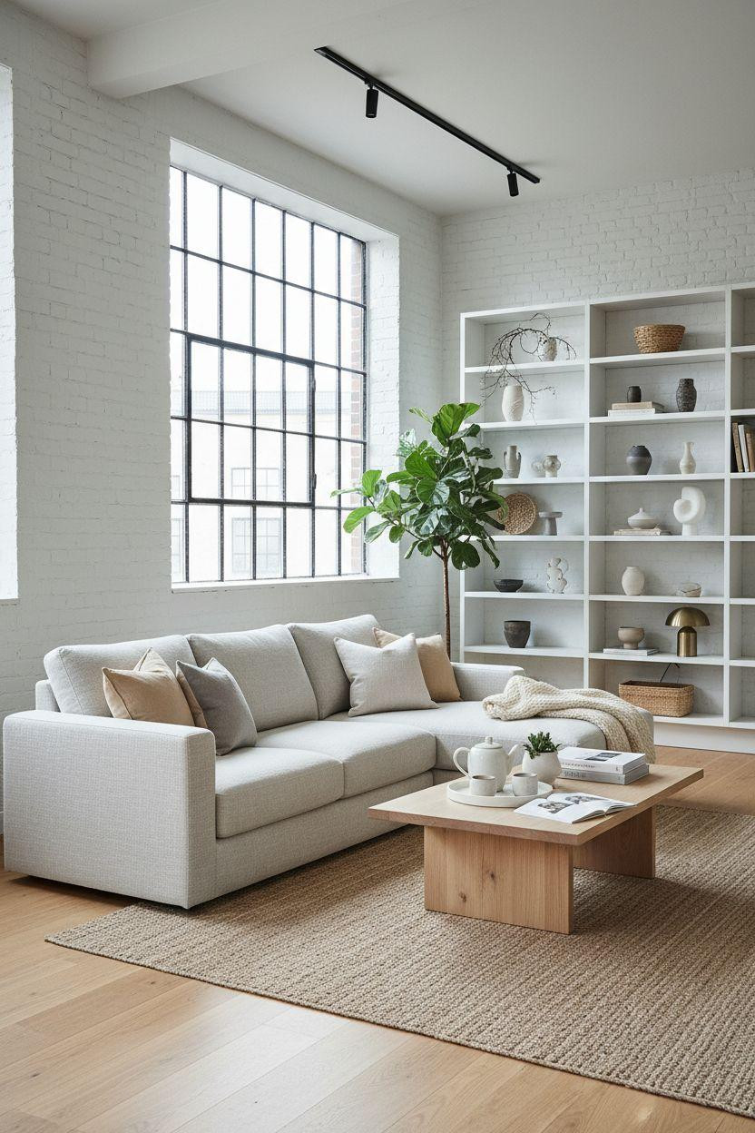 Bloxburg Dining Room - minimalist living room with white oak shelving